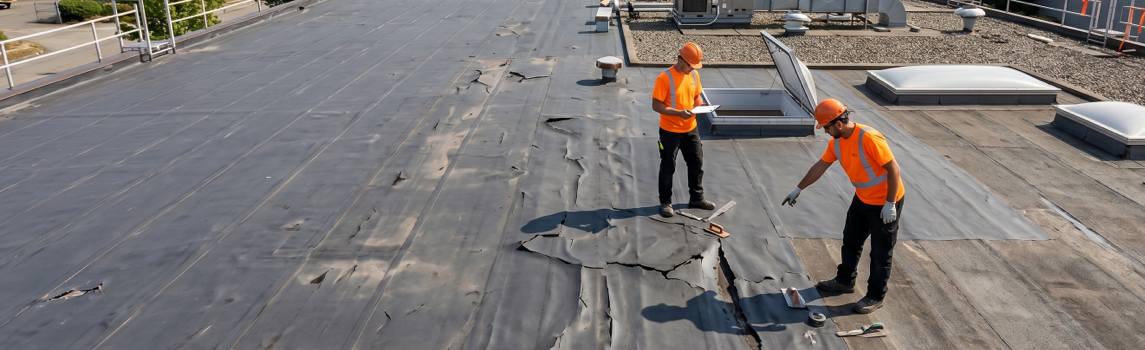 Roofing workers inspect a damaged industrial flat roof membrane with cracks and loose areas before timely roof refurbishment.