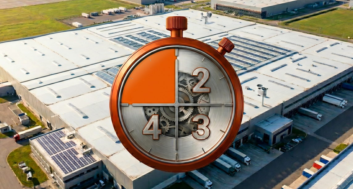 Aerial view of a large commercial flat roof with a stopwatch numbered 1 to 4, highlighting warning signs for roof refurbishment.