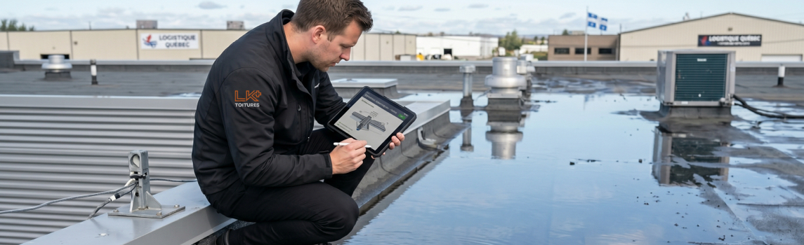 Inspection des drains et des évacuations d'eau sur une toiture commerciale par un spécialiste LK Toitures