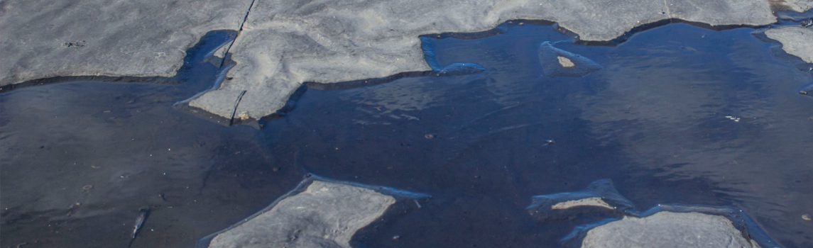 Accumulation d’eau stagnante sur la membrane endommagée d’une toiture plate commerciale, créant un risque d’infiltration et de détérioration.